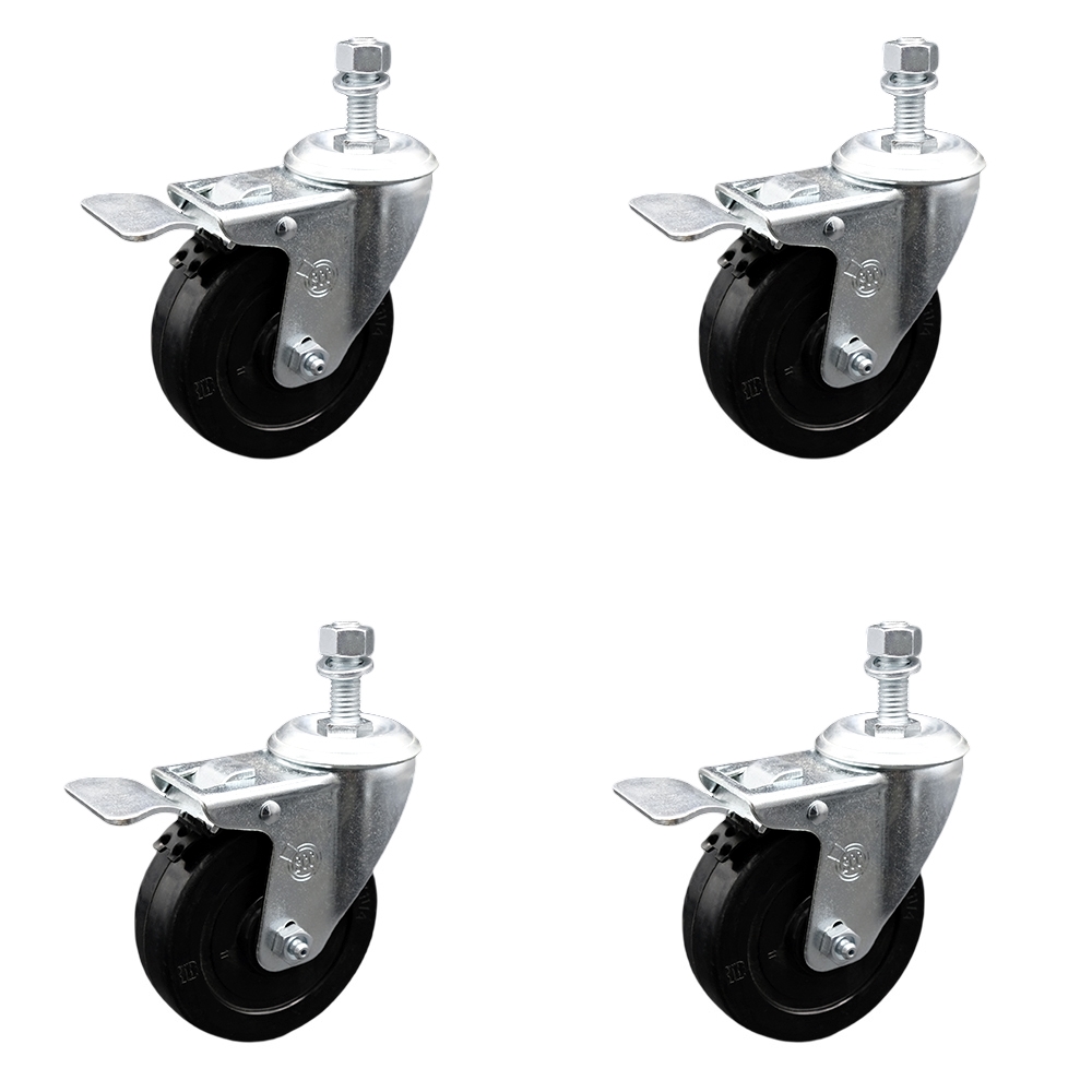 Soft Rubber Swivel Threaded Stem Caster Set of 4 w/4" x 1.25" Black Wheels and 10mm Stems - Includes 4 with Total Lock Brakes - 800 lbs Total Capacity - Service Caster Brand — photo 1