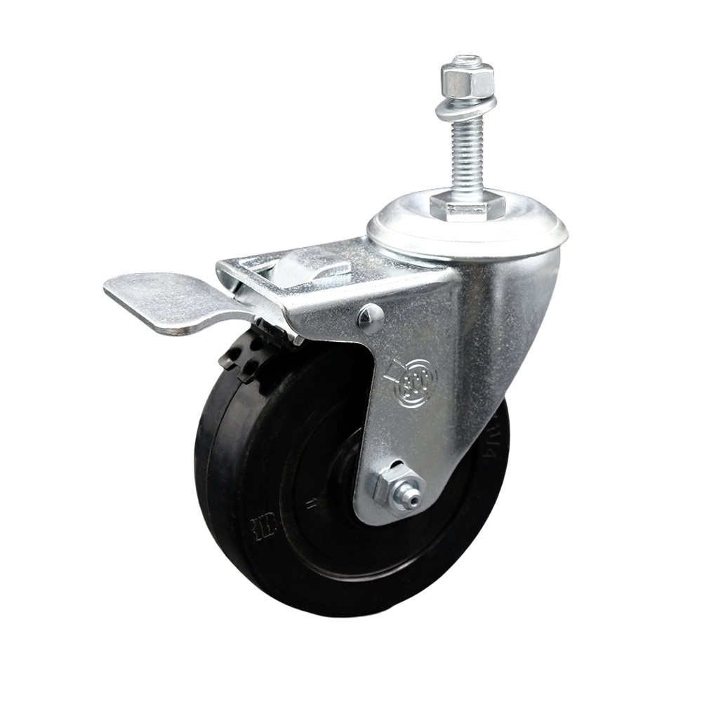 Soft Rubber Swivel Threaded Stem Caster w/4" x 1.25" Black Wheel and 10MM Metric Stem & Total Locking Brake - 200 lbs Capacity/Caster - Service Caster Brand — photo 1