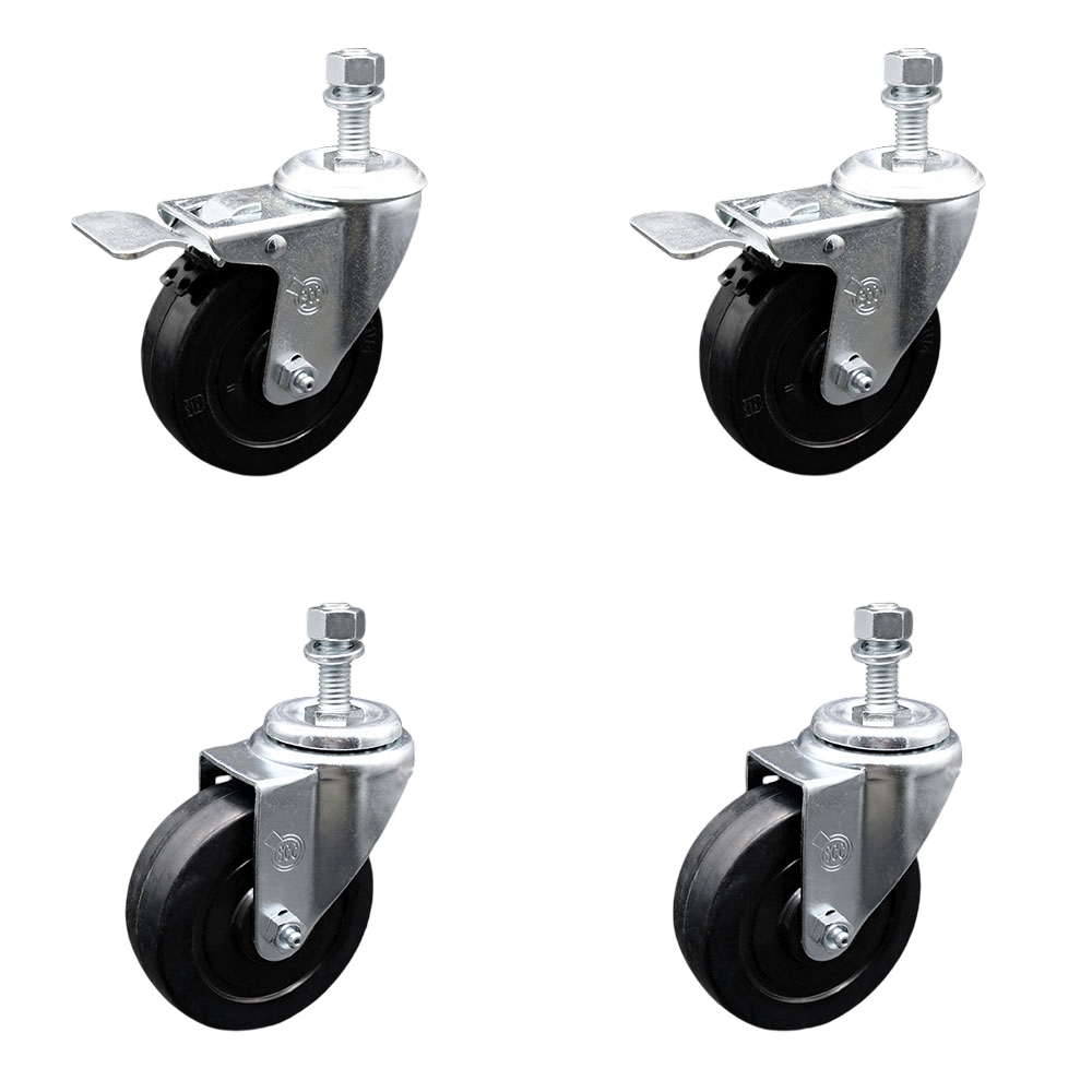Soft Rubber Swivel Threaded Stem Caster Set of 4 w/4" x 1.25" Black Wheels and 12MM Metric Stems - Includes 2 with Total Locking Brake - 800 lbs Total Capacity - Service Caster Brand — photo 1