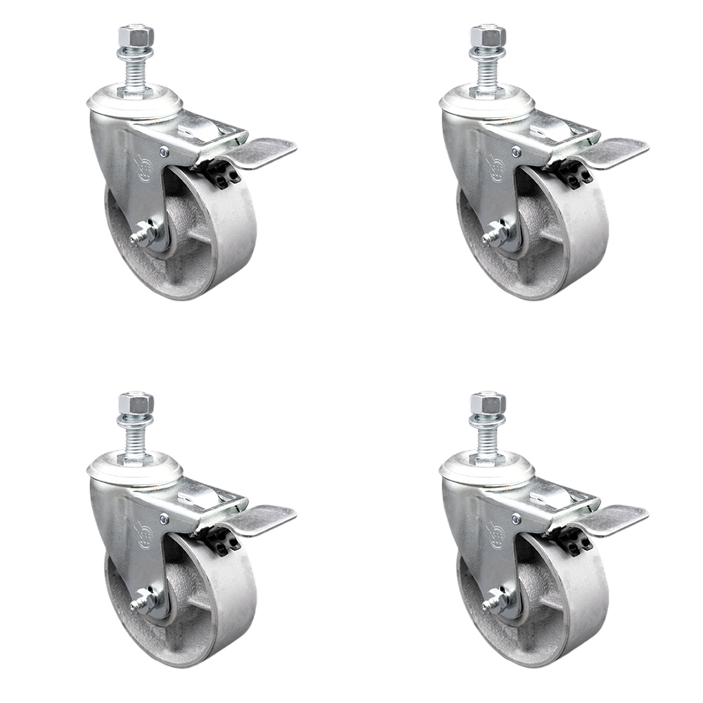 Semi Steel Cast Iron Swivel Threaded Stem Caster Set of 4 w/4" x 1.25" Silver Wheels and 1/2" Stems - Includes 4 with Total Lock Brakes - 1200 lbs Total Capacity - Service Caster Brand — photo 1