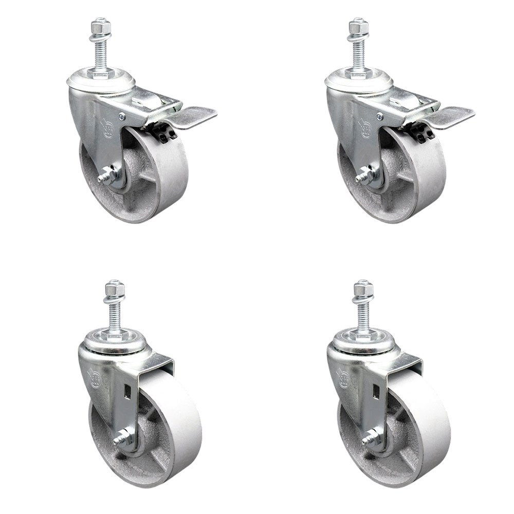 Semi Steel Cast Iron Swivel Threaded Stem Caster Set of 4 - 4" x 1.25" Silver Wheels and 3/8" Stems - Includes 2 with Total Locking Brake - 1200 lbs Total Capacity - Service Caster Brand — photo 1