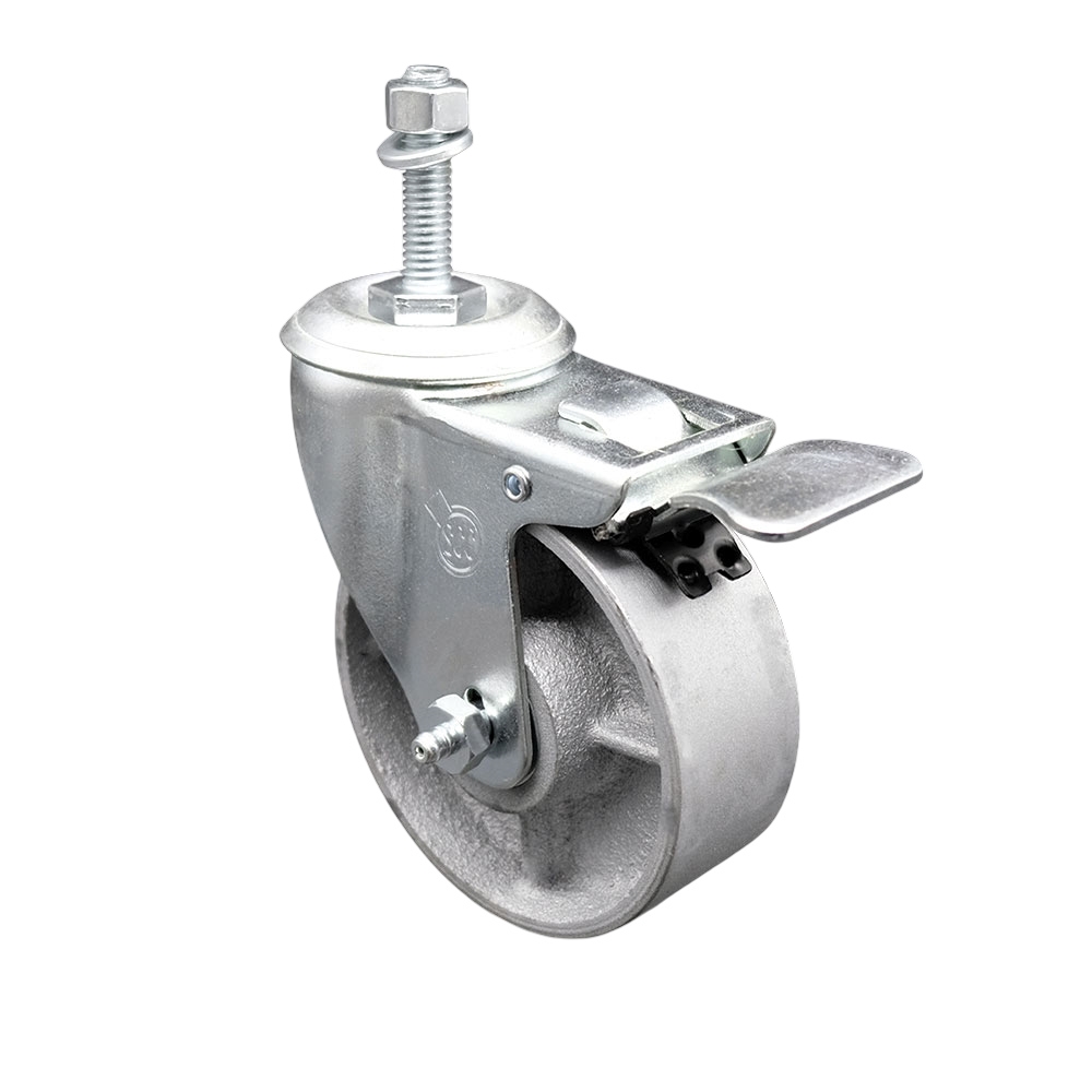 Semi Steel Cast Iron Swivel Threaded Stem Caster - 4" x 1.25" Silver Wheel and 3/8" Stem & Total Locking Brake - 300 lbs Capacity/Caster - Service Caster Brand — photo 1