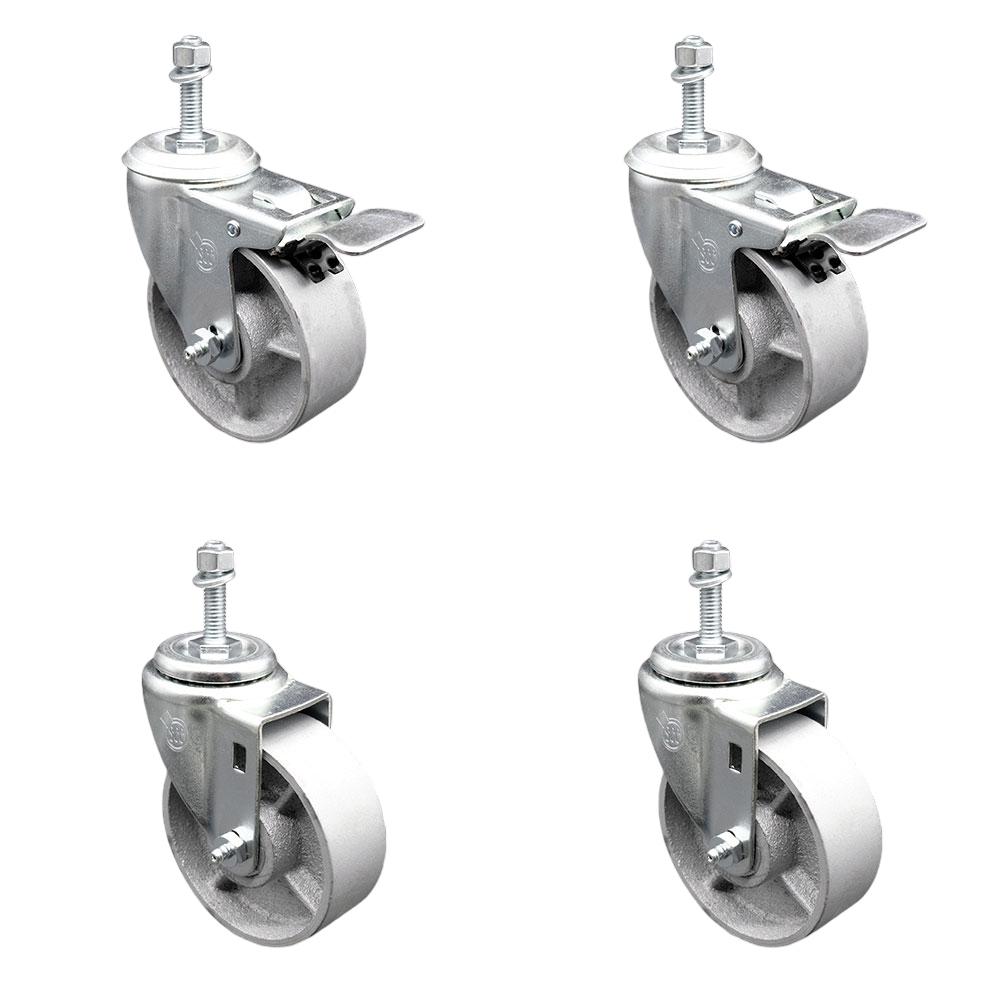 Semi Steel Cast Iron Swivel Threaded Stem Caster Set of 4 - 4" x 1.25" Silver Wheels and 10MM Metric Stems - Includes 2 with Total Locking Brake - 1200 lbs Total Capacity - Service Caster Brand — photo 1
