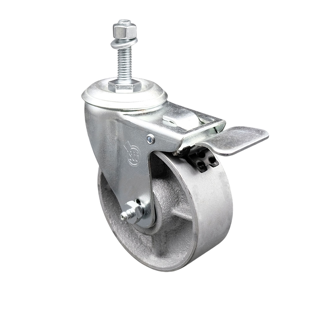 Semi Steel Cast Iron Swivel Threaded Stem Caster - 4" x 1.25" Silver Wheel and 10MM Metric Stem & Total Locking Brake - 300 lbs Capacity/Caster - Service Caster Brand — photo 1