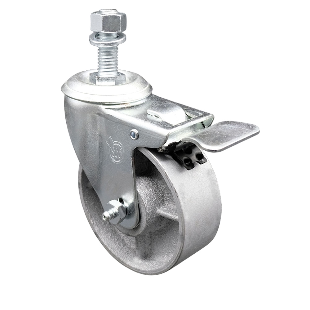 Semi Steel Cast Iron Swivel Threaded Stem Caster - 4" x 1.25" Silver Wheel and 12MM Metric Stem & Total Locking Brake - 300 lbs Capacity/Caster - Service Caster Brand — photo 1