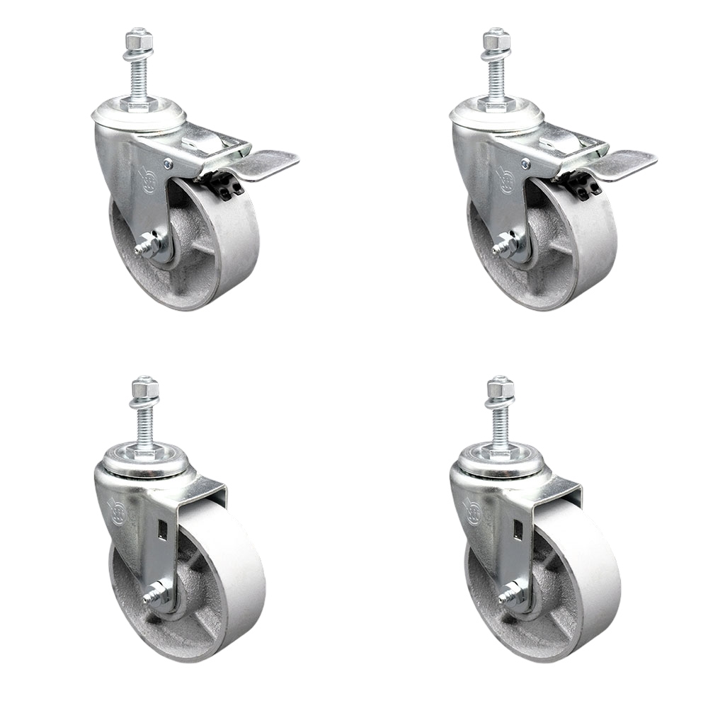 Semi Steel Cast Iron Swivel Threaded Stem Caster Set of 4 - 4" x 1.25" Silver Wheels and 12MM Metric Stems - Includes 2 with Total Locking Brake - 1200 lbs Total Capacity - Service Caster Brand — photo 1