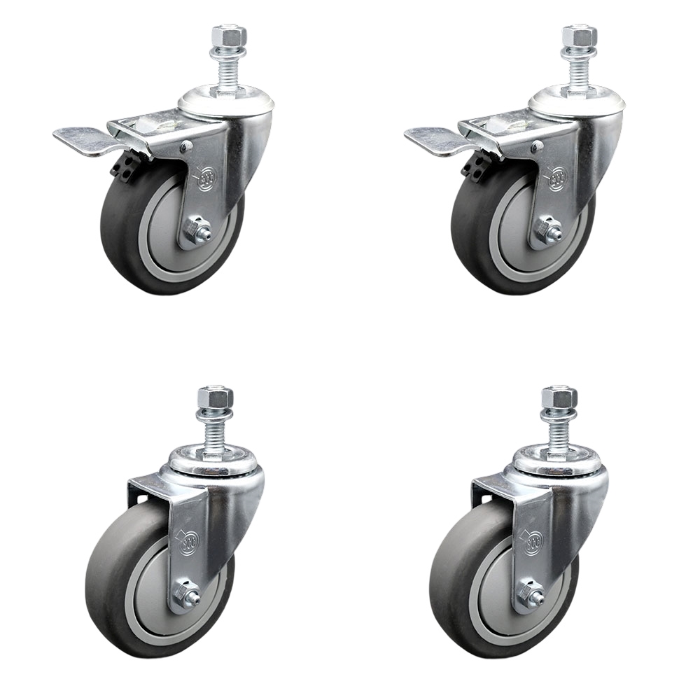 Thermoplastic Rubber Swivel Threaded Stem Caster Set of 4 - 4" x 1.25" Gray Wheels and 1/2" Stems - Includes 2 with Total Locking Brake - 1,000 lbs Total Capacity - Service Caster Brand — photo 1