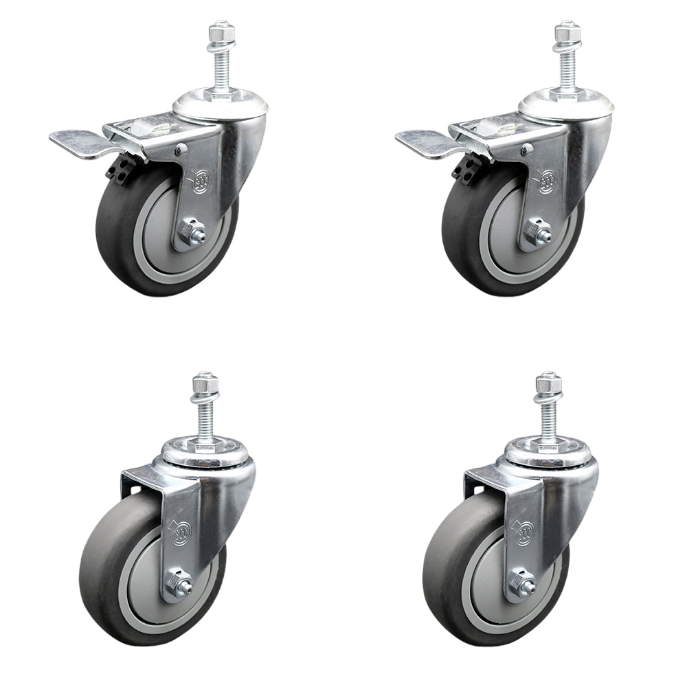 Thermoplastic Rubber Swivel Threaded Stem Caster Set of 4 - 4" x 1.25" Gray Wheels and 3/8" Stems - Includes 2 with Total Locking Brake - 1,000 lbs Total Capacity - Service Caster Brand — photo 1