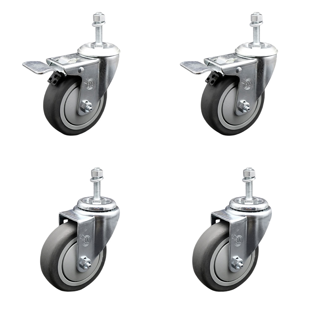 Thermoplastic Rubber Swivel Threaded Stem Caster Set of 4 - 4" x 1.25" Gray Wheels and 10MM Metric Stems - Includes 2 with Total Locking Brake - 1,000 lbs Total Capacity - Service Caster Brand — photo 1