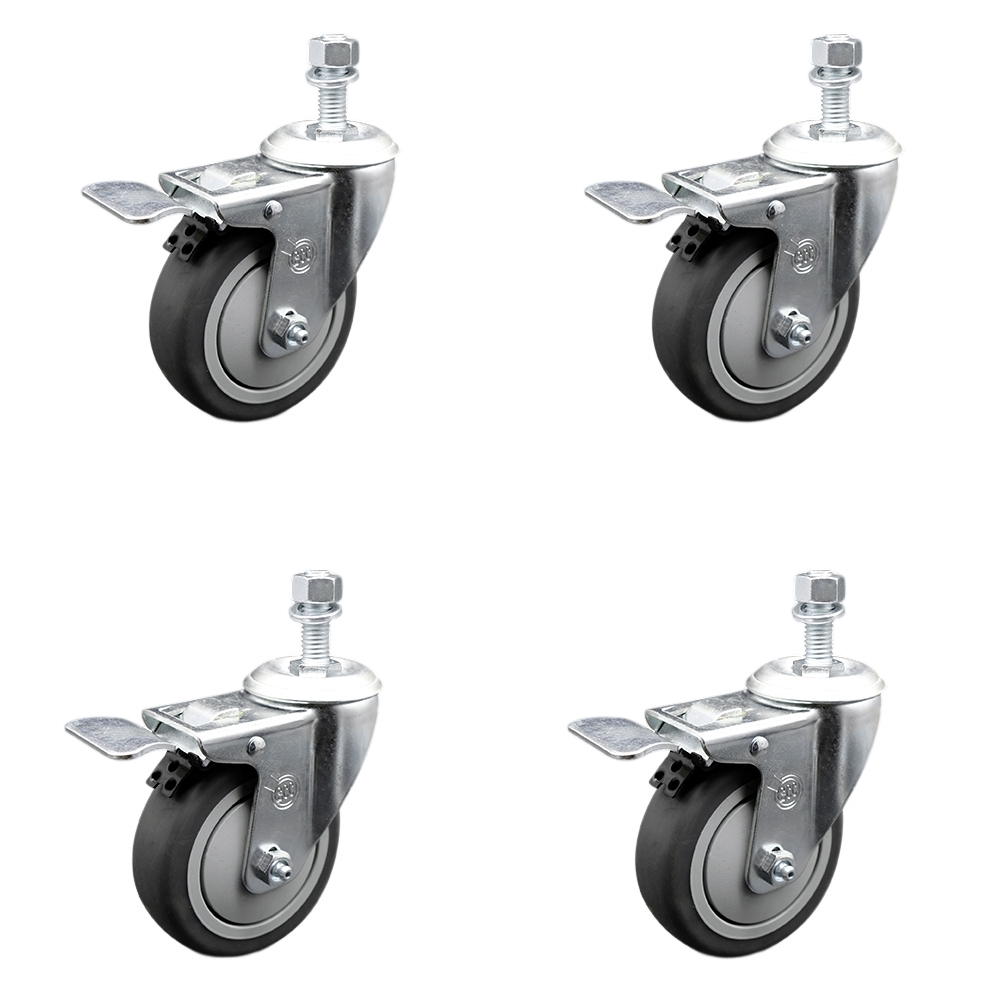 Thermoplastic Rubber Swivel Threaded Stem Caster Set of 4 w/4" x 1.25" Gray Wheels and 10mm Stems - Includes 4 with Total Lock Brakes - 1000 lbs Total Capacity - Service Caster Brand — photo 1