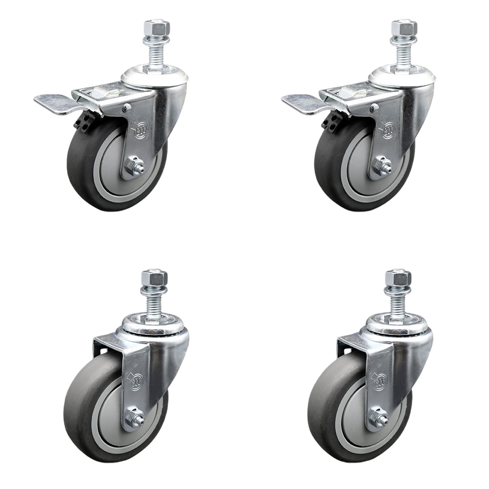 Thermoplastic Rubber Swivel Threaded Stem Caster Set of 4 - 4" x 1.25" Gray Wheels and 12MM Metric Stems - Includes 2 with Total Locking Brake - 1,000 lbs Total Capacity - Service Caster Brand — photo 1