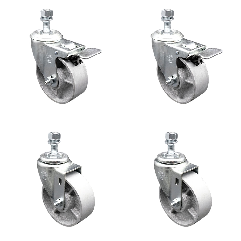 Semi Steel Cast Iron Swivel Threaded Stem Caster Set of 4 w/Roller Bearing - 4" x 1.5" Silver Wheels and 1/2" Stems - Includes 2 with Total Locking Brake - 1200 lbs Total Capacity-Service Caster Brand — photo 1