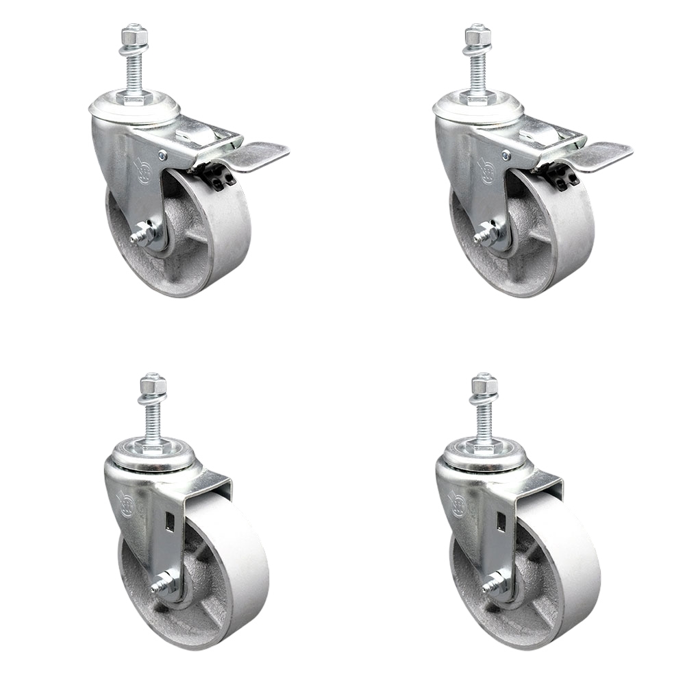 Semi Steel Cast Iron Swivel Threaded Stem Caster Set of 4 w/Roller Bearing - 4" x 1.5" Silver Wheels and 3/8" Stems - Includes 2 with Total Locking Brake - 1200 lbs Total Capacity-Service Caster Brand — photo 1