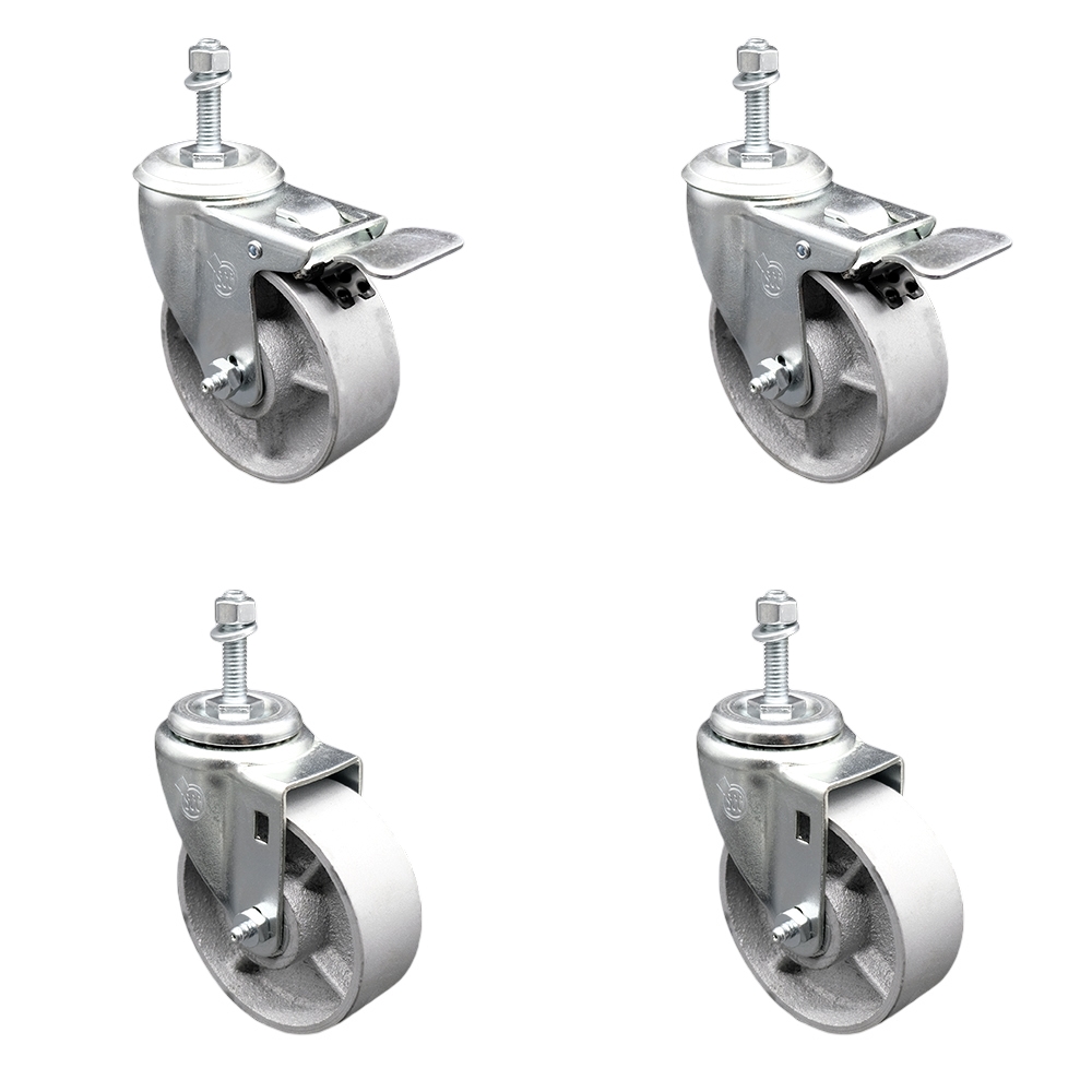 Semi Steel Cast Iron Swivel Threaded Stem Caster Set 4 w/Roller Bearing - 4" x 1.5" Silver Wheels & 10MM Metric Stems-Includes 2 with Total Locking Brake - 1200 lbs Total Capacity-Service Caster Brand — photo 1
