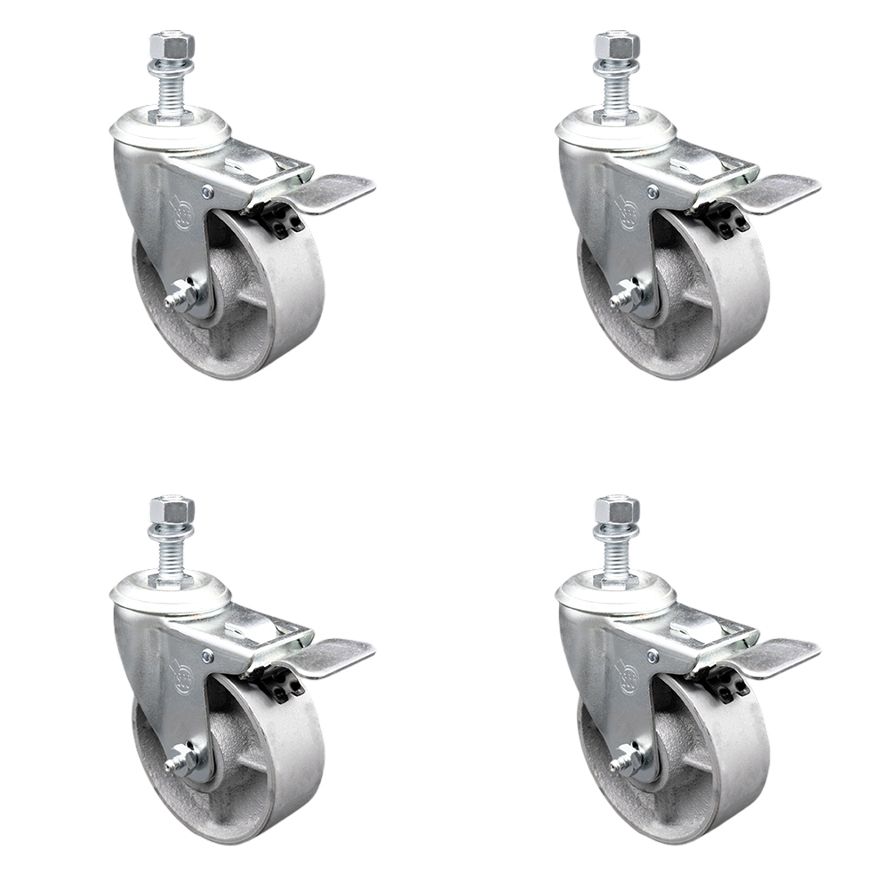 Semi Steel Cast Iron Swivel Threaded Stem Caster w/Roller Bearing Set of 4 w/4" x 1.5" Silver Wheels and 10mm Stems - Includes 4 with Total Lock Brakes - 1200 lbs Total Capacity - Service Caster Brand — photo 1