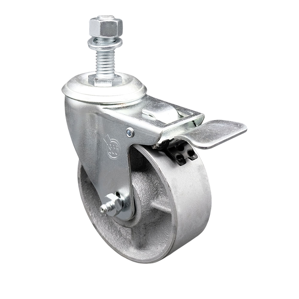 Semi Steel Cast Iron Swivel Threaded Stem Caster w/Roller Bearing - 4" x 1.5" Silver Wheel and 12MM Metric Stem & Total Locking Brake - 300 lbs Capacity/Caster - Service Caster Brand — photo 1