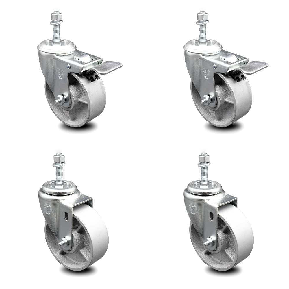 Semi Steel Cast Iron Swivel Threaded Stem Caster Set 4 w/Roller Bearing - 4" x 1.5" Silver Wheels & 12MM Metric Stems-Includes 2 with Total Locking Brake - 1200 lbs Total Capacity-Service Caster Brand — photo 1