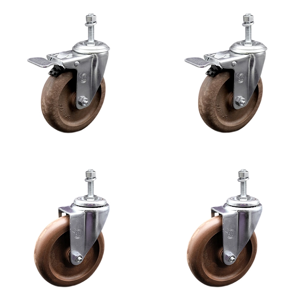 High Temp Glass Filled Nylon Swivel Threaded Stem Caster Set of 4 w/5" x 1.25" Brown Wheels and 3/8" Stems - Includes 2 with Total Locking Brake - 1400 lbs Total Capacity - Service Caster Brand — photo 1