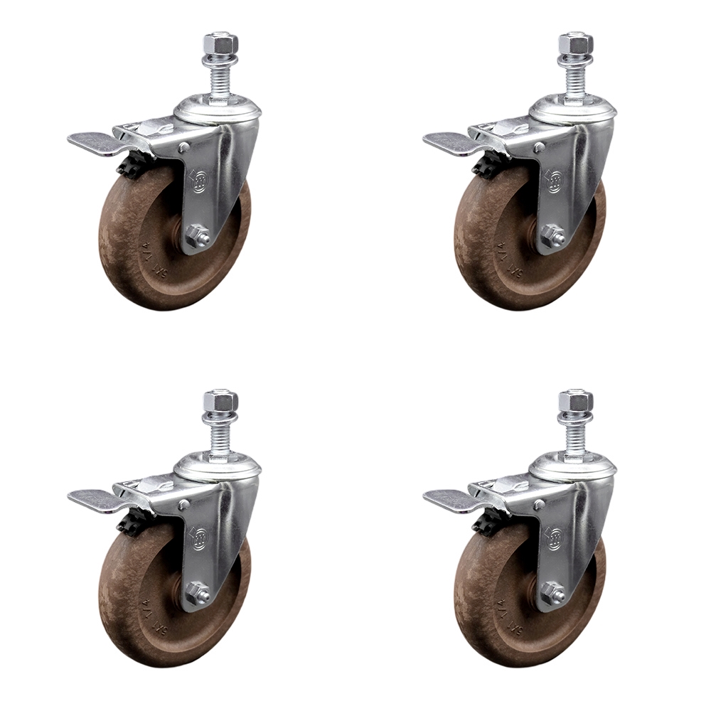 High Temp Glass Filled Nylon Swivel Threaded Stem Caster Set of 4 w/5" x 1.25" Brown Wheels and 3/8" Stems - Includes 4 with Total Lock Brakes - 1400 lbs Total Capacity - Service Caster Brand — photo 1
