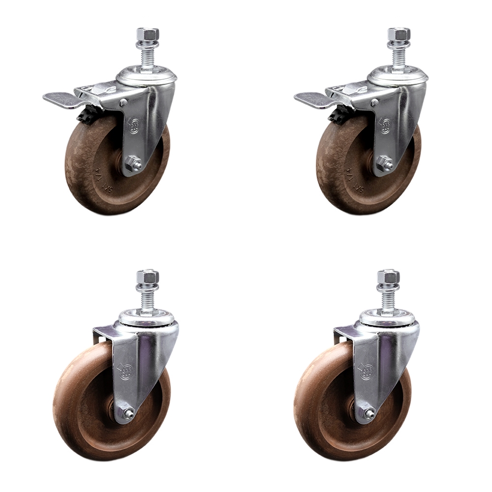 High Temp Glass Filled Nylon Swivel Threaded Stem Caster Set of 4 w/5" x 1.25" Brown Wheels and 12MM Metric Stems - Includes 2 with Total Locking Brake - 1400 lbs Total Capacity - Service Caster Brand — photo 1