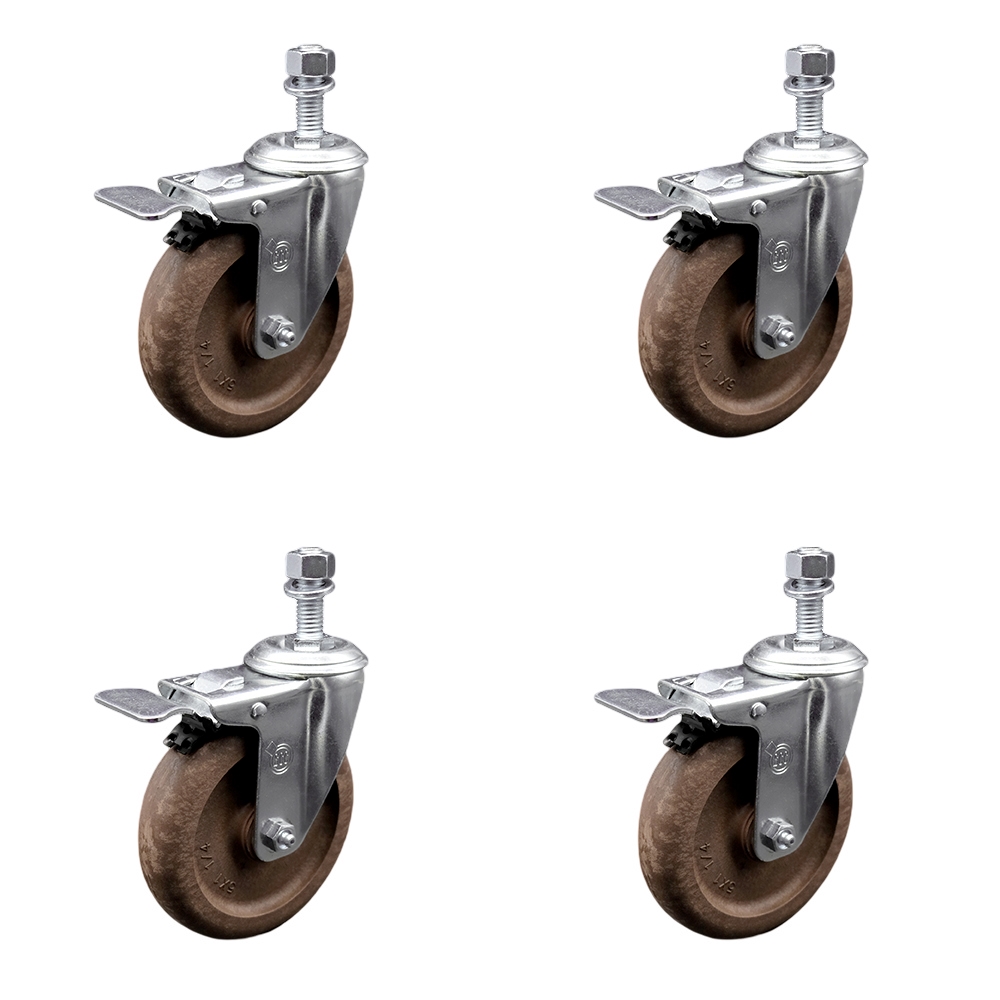 High Temp Glass Filled Nylon Swivel Threaded Stem Caster Set of 4 w/5" x 1.25" Brown Wheels and 12mm Stems - Includes 4 with Total Lock Brakes - 1400 lbs Total Capacity - Service Caster Brand — photo 1
