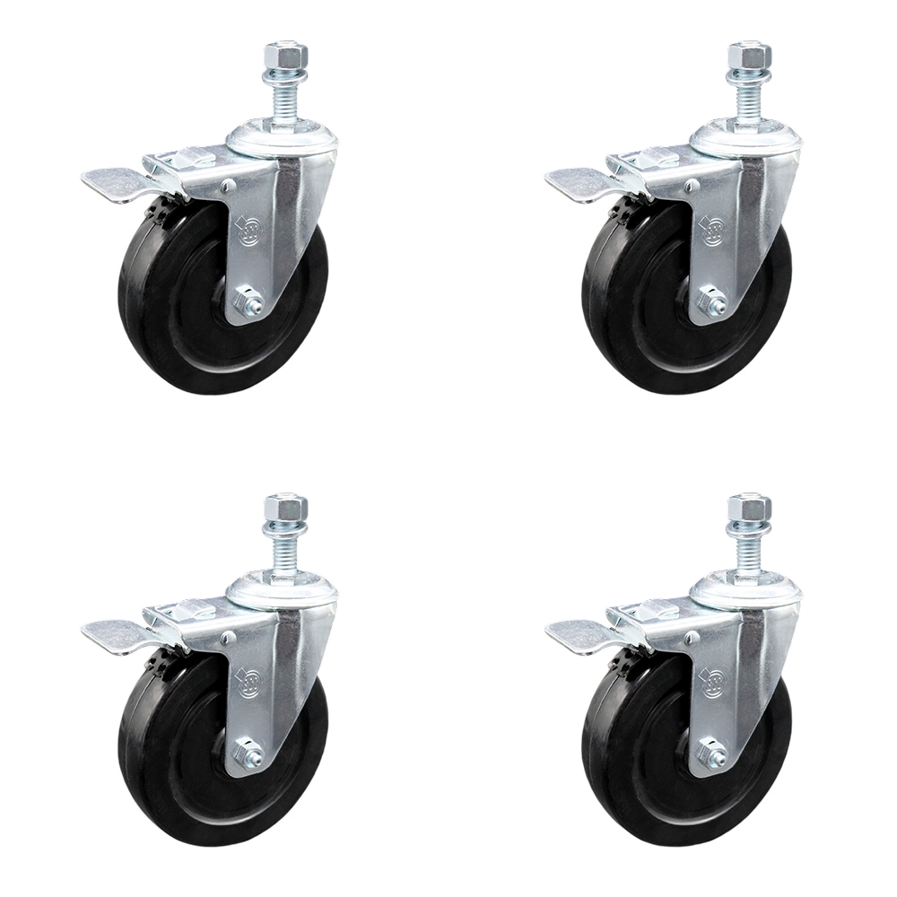 Hard Rubber Swivel Threaded Stem Caster Set of 4 w/5" x 1.25" Black Wheels and 1/2" Stems - Includes 4 with Total Lock Brakes - 1200 lbs Total Capacity - Service Caster Brand — photo 1