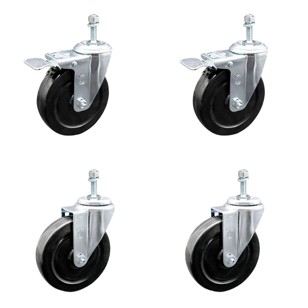 Hard Rubber Swivel Threaded Stem Caster Set of 4 w/5" x 1.25" Black Wheels and 3/8" Stems - Includes 2 with Total Locking Brake - 1100 lbs Total Capacity - Service Caster Brand — photo 1