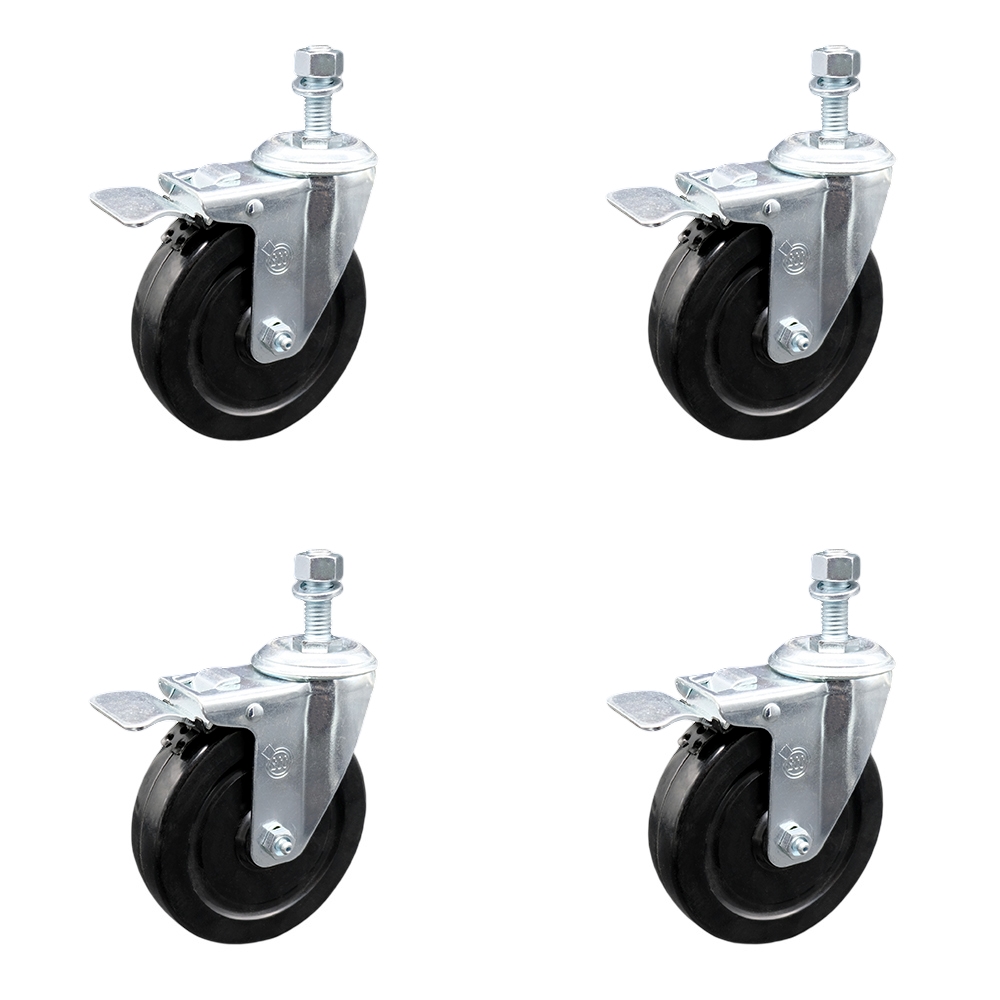 Hard Rubber Swivel Threaded Stem Caster Set of 4 w/5" x 1.25" Black Wheels and 3/8" Stems - Includes 4 with Total Lock Brakes - 1200 lbs Total Capacity - Service Caster Brand — photo 1