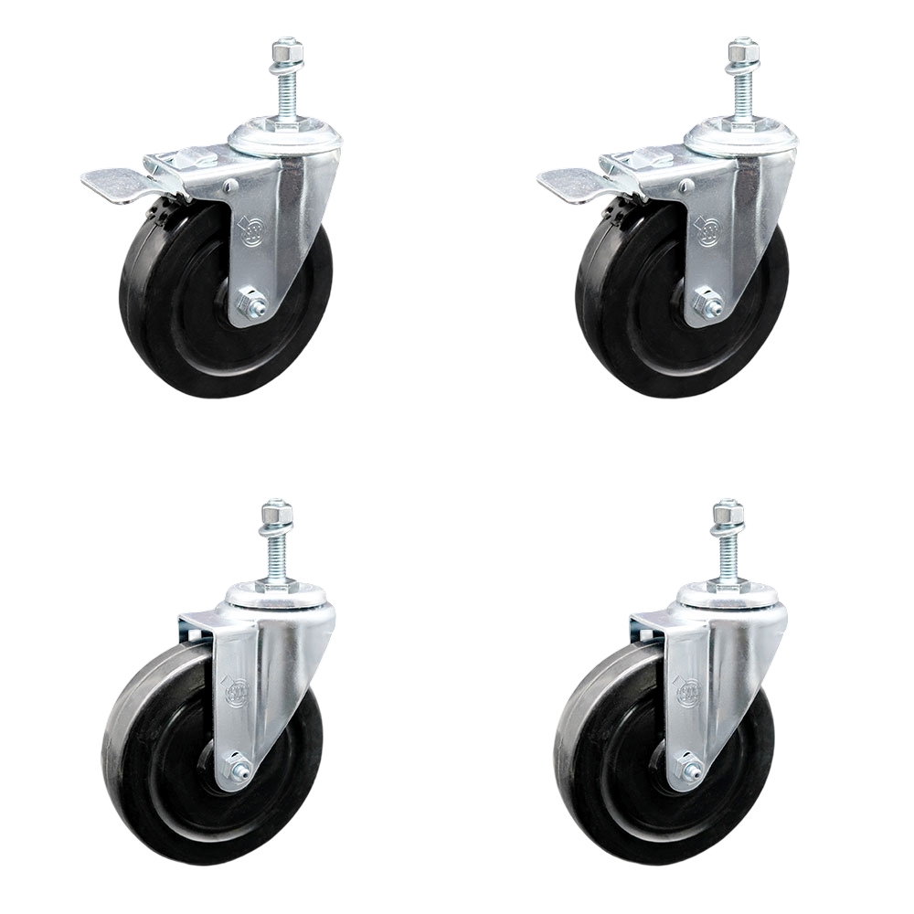 Hard Rubber Swivel Threaded Stem Caster Set of 4 w/5" x 1.25" Black Wheels and 10MM Metric Stems - Includes 2 with Total Locking Brake - 1100 lbs Total Capacity - Service Caster Brand — photo 1