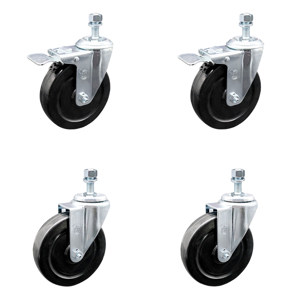 Hard Rubber Swivel Threaded Stem Caster Set of 4 w/5" x 1.25" Black Wheels and 12MM Metric Stems - Includes 2 with Total Locking Brake - 1100 lbs Total Capacity - Service Caster Brand — photo 1