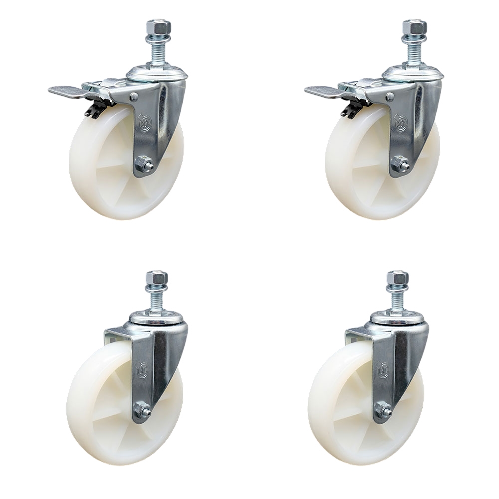 Nylon Swivel Threaded Stem Caster Set of 4 w/5" x 1.25" White Wheels and 1/2" Stems - Includes 2 with Total Locking Brake - 1200 lbs Total Capacity - Service Caster Brand — photo 1