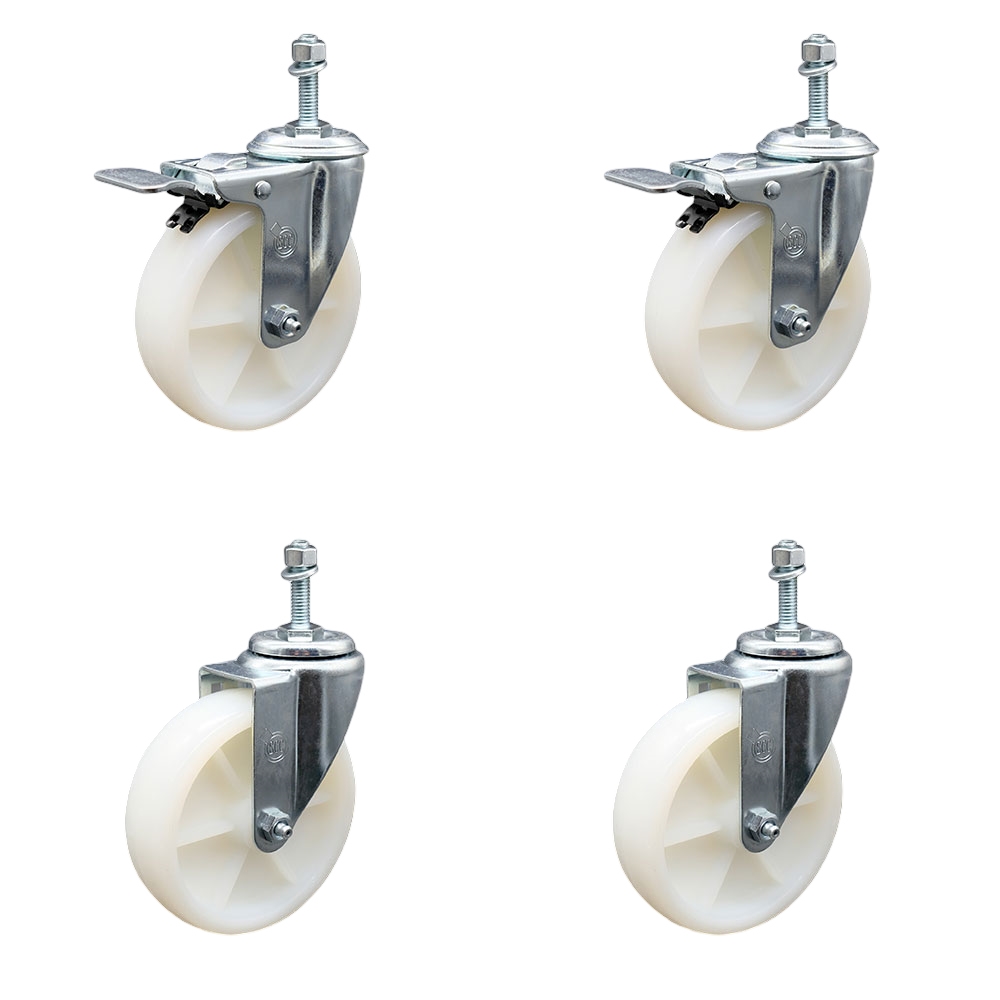 Nylon Swivel Threaded Stem Caster Set of 4 w/5" x 1.25" White Wheels and 3/8" Stems - Includes 2 with Total Locking Brake - 1200 lbs Total Capacity - Service Caster Brand — photo 1