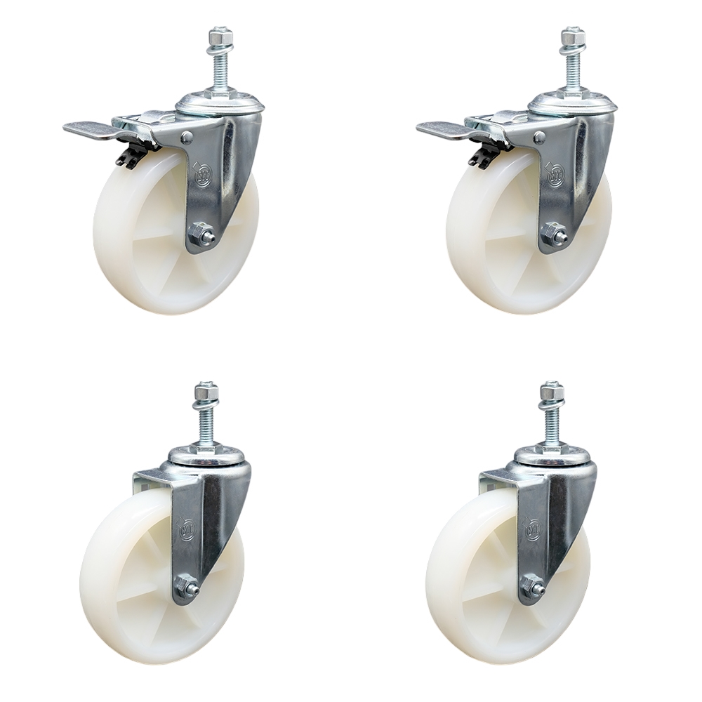 Nylon Swivel Threaded Stem Caster Set of 4 w/5" x 1.25" White Wheels and 10MM Metric Stems - Includes 2 with Total Locking Brake - 1200 lbs Total Capacity - Service Caster Brand — photo 1
