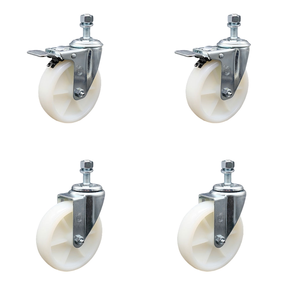 Nylon Swivel Threaded Stem Caster Set of 4 w/5" x 1.25" White Wheels and 12MM Metric Stems - Includes 2 with Total Locking Brake - 1200 lbs Total Capacity - Service Caster Brand — photo 1