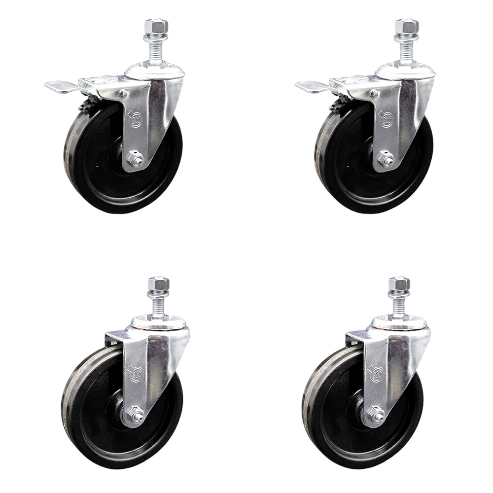 Phenolic Swivel Threaded Stem Caster Set of 4 w/Roller Bearing - 5" x 1.25" Black Wheels and 1/2" Stems - Includes 2 with Total Locking Brake - 1200 lbs Total Capacity - Service Caster Brand — photo 1
