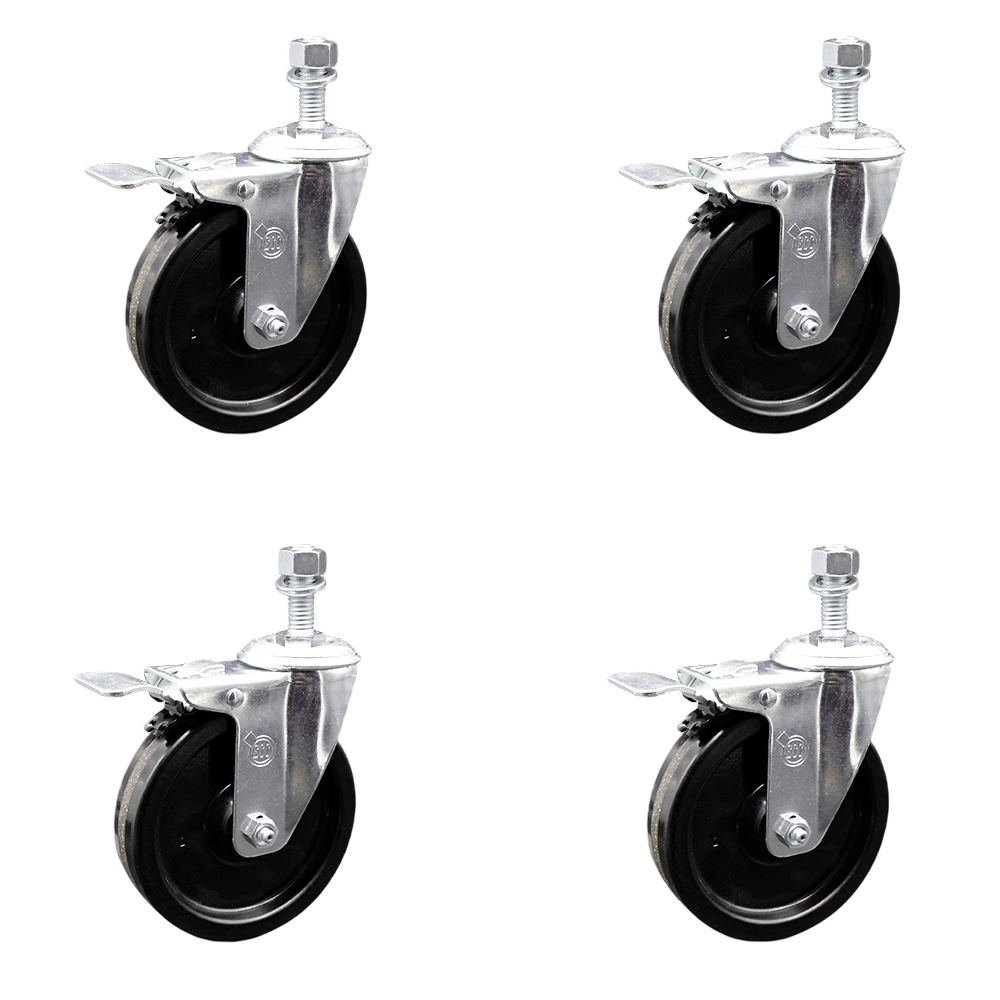 Phenolic Swivel Threaded Stem Caster w/Roller Bearing Set of 4 w/5" x 1.25" Black Wheels and 1/2" Stems - Includes 4 with Total Lock Brakes - 1200 lbs Total Capacity - Service Caster Brand — photo 1
