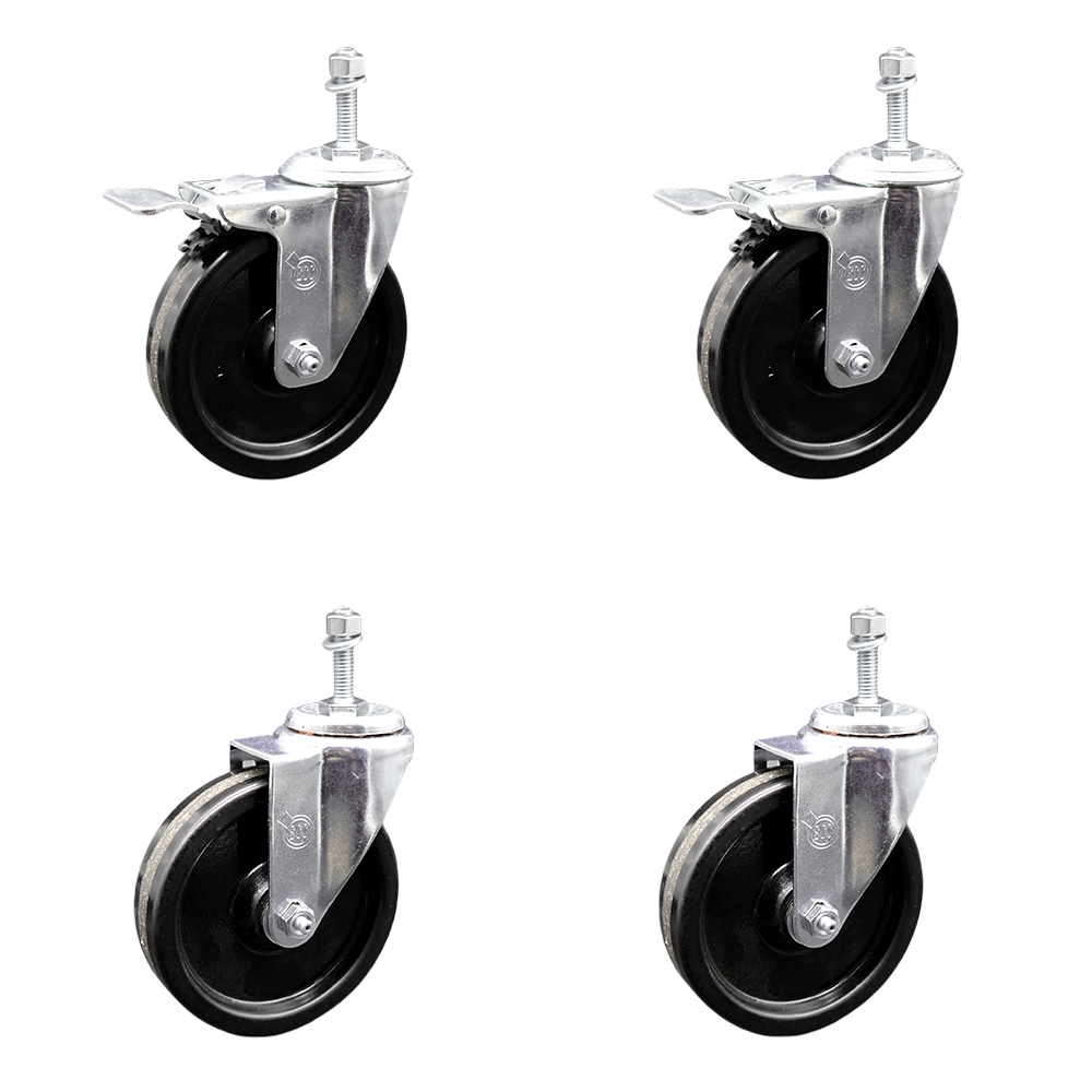 Phenolic Swivel Threaded Stem Caster Set of 4 w/Roller Bearing - 5" x 1.25" Black Wheels and 3/8" Stems - Includes 2 with Total Locking Brake - 1200 lbs Total Capacity - Service Caster Brand — photo 1