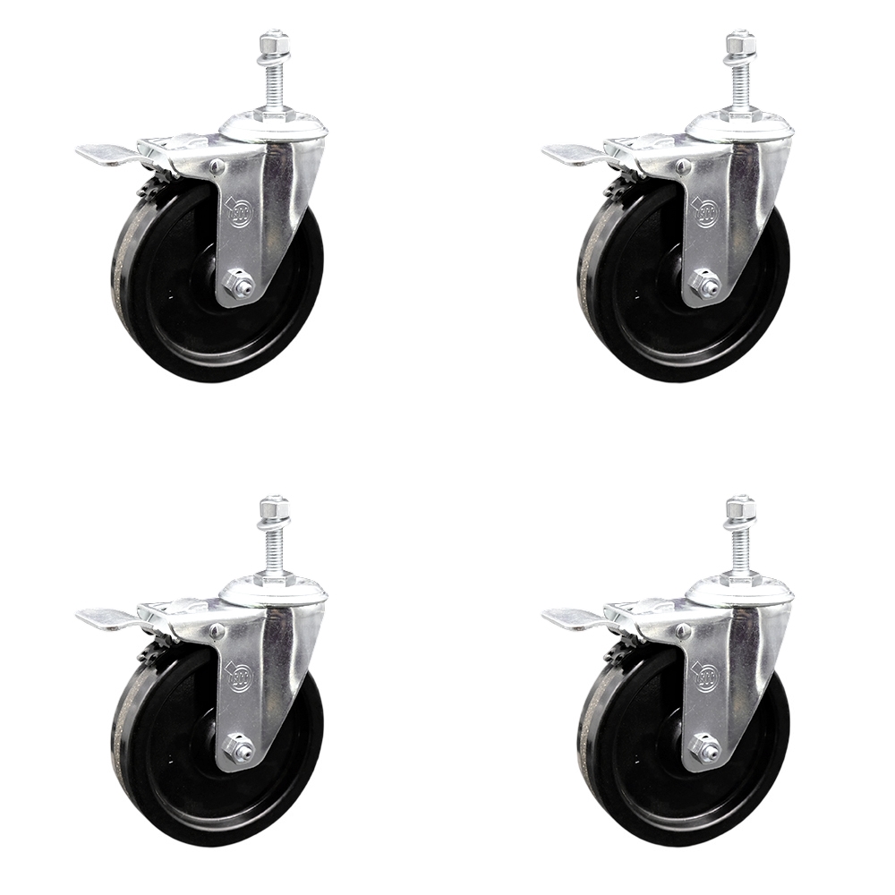 Phenolic Swivel Threaded Stem Caster w/Roller Bearing Set of 4 w/5" x 1.25" Black Wheels and 3/8" Stems - Includes 4 with Total Lock Brakes - 1200 lbs Total Capacity - Service Caster Brand — photo 1