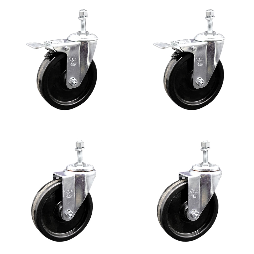 Phenolic Swivel Threaded Stem Caster Set of 4 w/Roller Bearing - 5" x 1.25" Black Wheels and 10MM Metric Stems - Includes 2 with Total Locking Brake - 1200 lbs Total Capacity - Service Caster Brand — photo 1