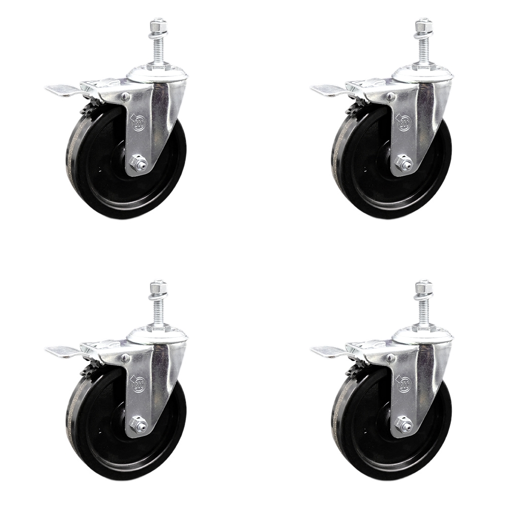Phenolic Swivel Threaded Stem Caster w/Roller Bearing Set of 4 w/5" x 1.25" Black Wheels and 10mm Stems - Includes 4 with Total Lock Brakes - 1200 lbs Total Capacity - Service Caster Brand — photo 1