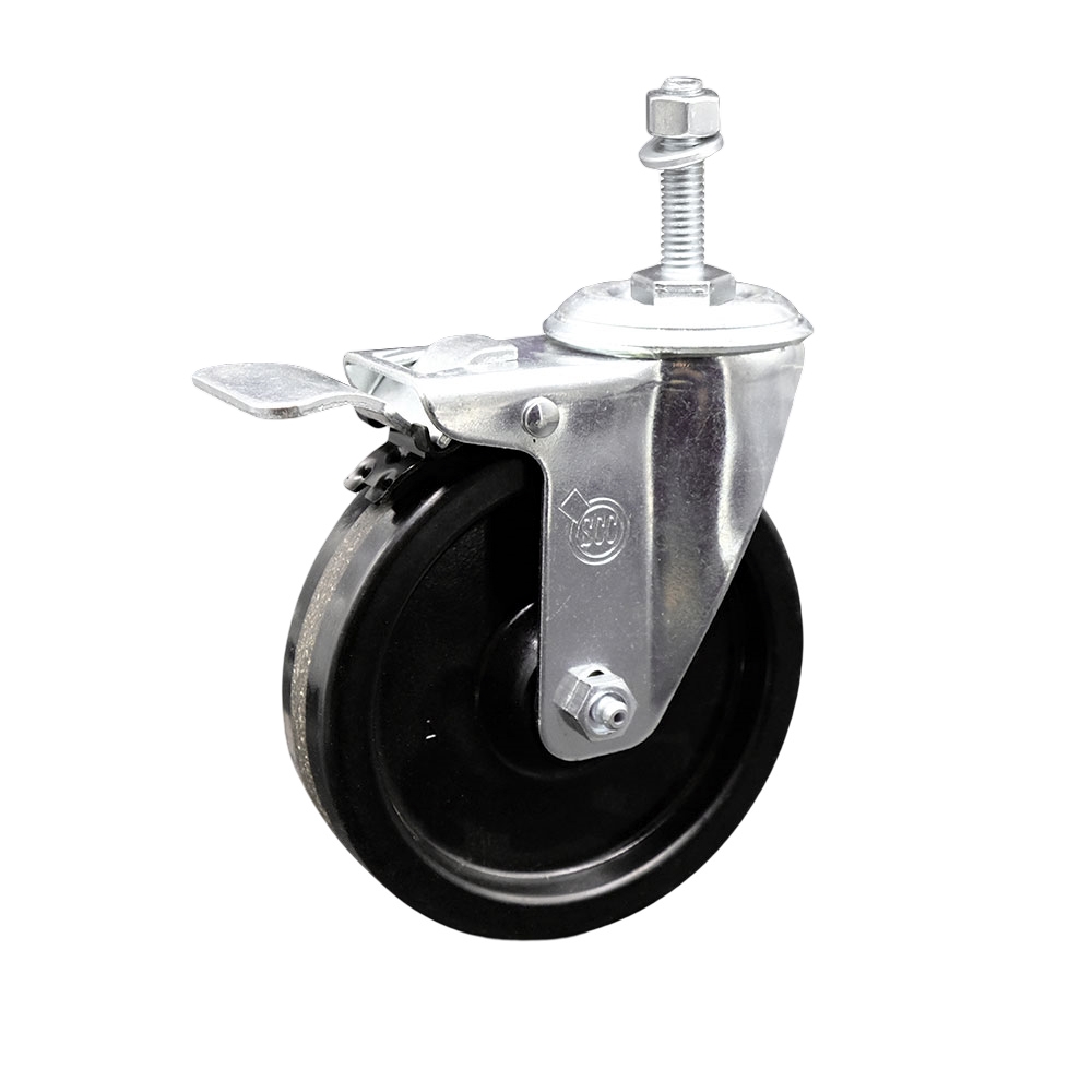 Phenolic Swivel Threaded Stem Caster w/Roller Bearing - 5" x 1.25" Black Wheel and 10MM Metric Stem & Total Locking Brake - 300 lbs Capacity/Caster - Service Caster Brand — photo 1