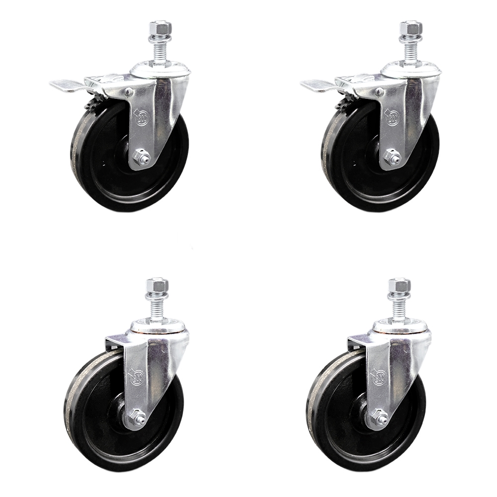 Phenolic Swivel Threaded Stem Caster Set of 4 w/Roller Bearing - 5" x 1.25" Black Wheels and 12MM Metric Stems - Includes 2 with Total Locking Brake - 1200 lbs Total Capacity - Service Caster Brand — photo 1