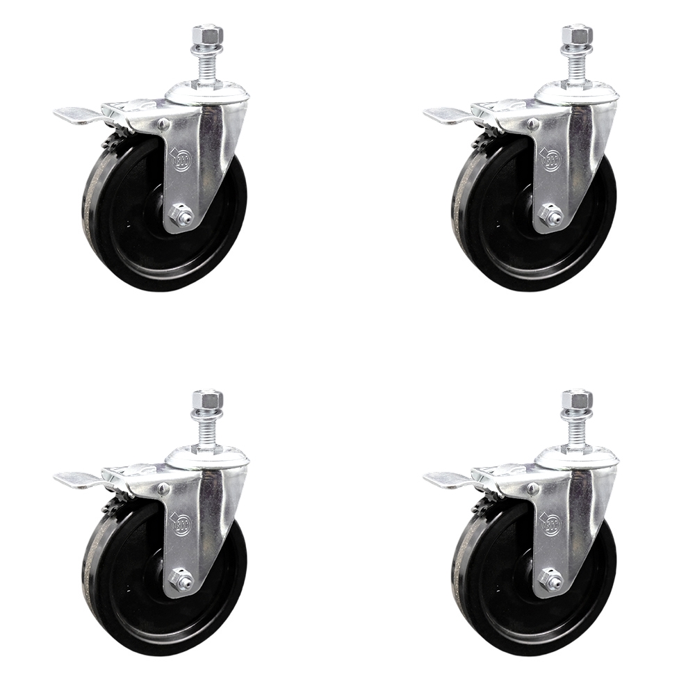 Phenolic Swivel Threaded Stem Caster w/Roller Bearing Set of 4 w/5" x 1.25" Black Wheels and 12mm Stems - Includes 4 with Total Lock Brakes - 1200 lbs Total Capacity - Service Caster Brand — photo 1