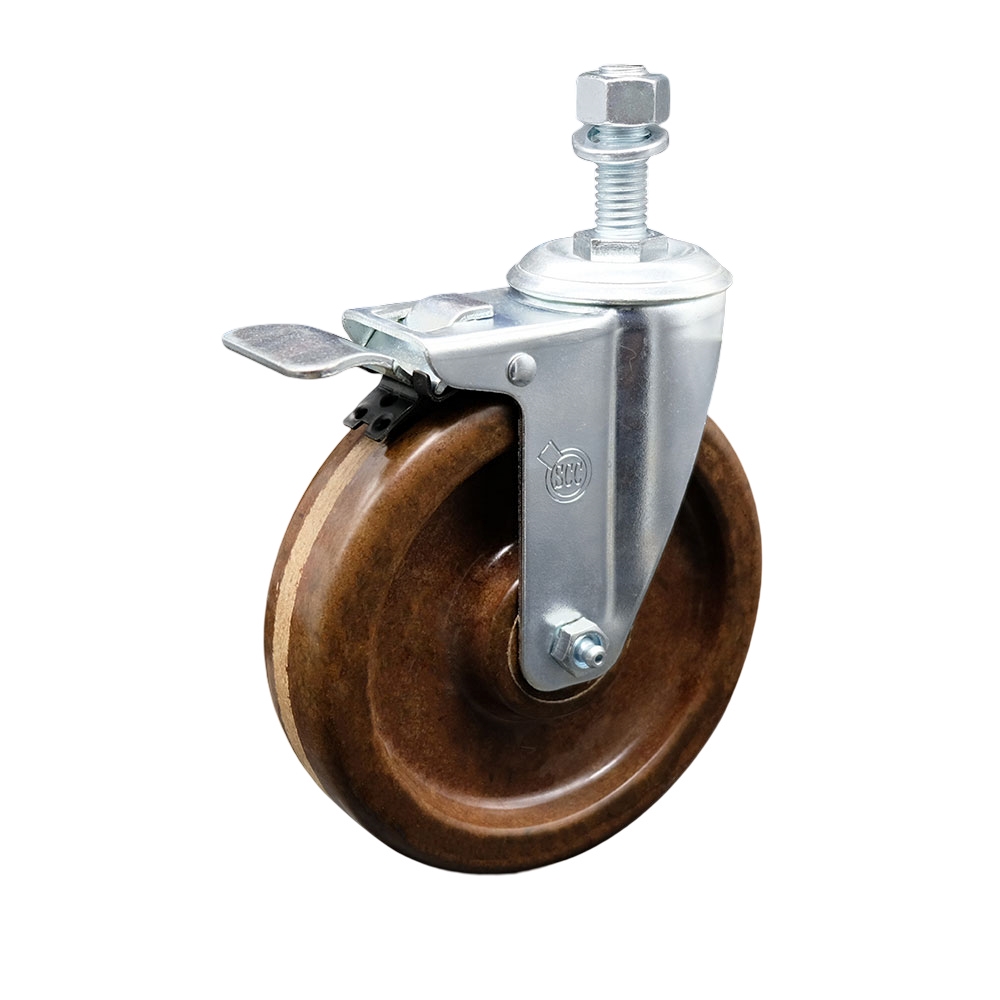 High Temperature Phenolic Swivel Threaded Stem Caster w/Roller Bearing - 5" x 1.25" Brown Wheel and 1/2" Stem & Total Locking Brake - 300 lbs Capacity/Caster - Service Caster Brand — photo 1