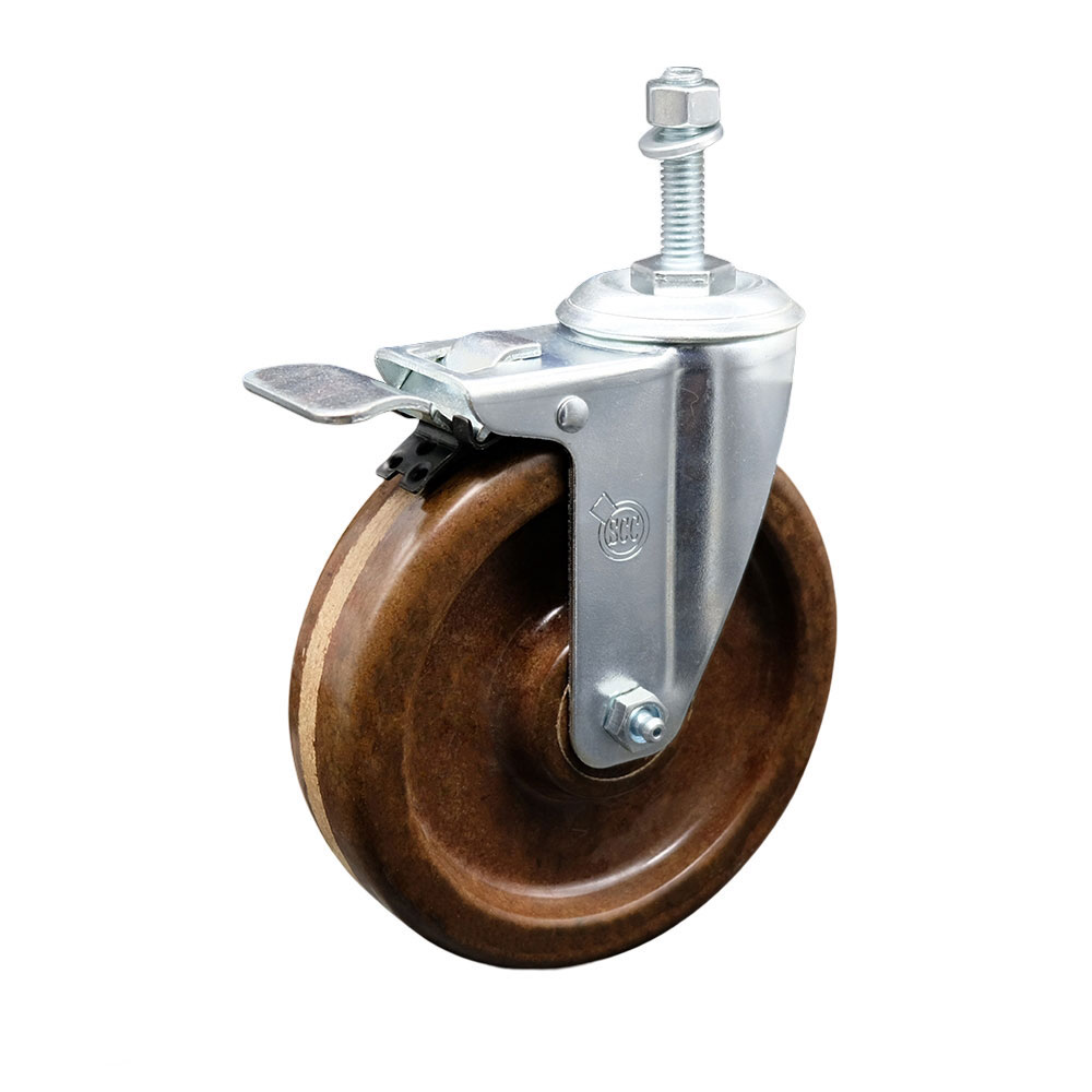 High Temperature Phenolic Swivel Threaded Stem Caster w/Roller Bearing - 5" x 1.25" Brown Wheel and 10MM Metric Stem & Total Locking Brake - 300 lbs Capacity/Caster - Service Caster Brand — photo 1
