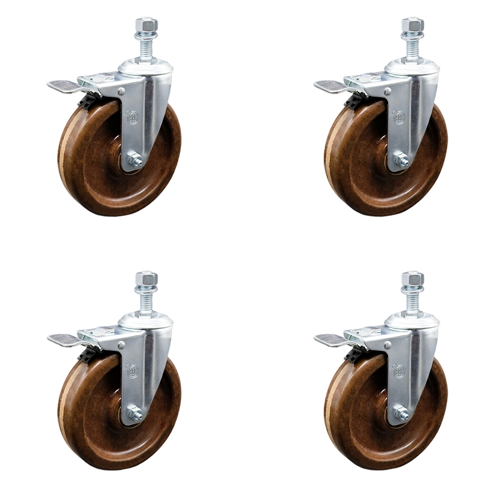 High Temperature Phenolic Swivel Threaded Stem Caster w/Roller Bearing Set of 4 w/5" x 1.25" Brown Wheels & 10mm Stems - Includes 4 with Total Lock Brakes- 1200 lbs Total Capacity-Service Caster Brand — photo 1