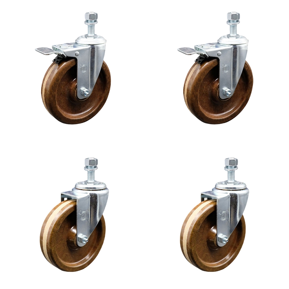 High Temperature Phenolic Swivel Threaded Stem Caster Set 4 w/Roller Bearing - 5" x 1.25" Brown Wheels&12MM Metric Stems-Includes 2 with Total Locking Brake-1200lbs Total Capacity-Service Caster Brand — photo 1