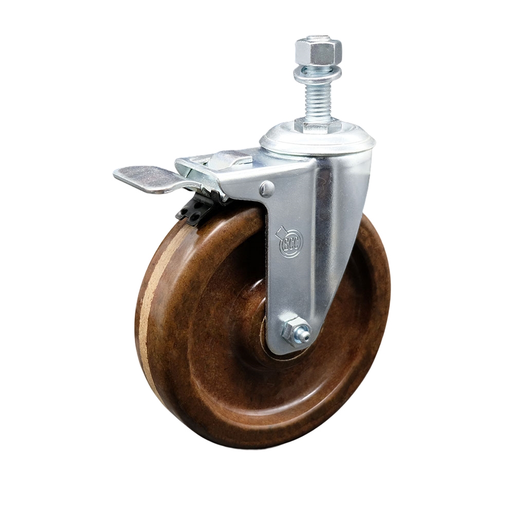 High Temperature Phenolic Swivel Threaded Stem Caster w/Roller Bearing - 5" x 1.25" Brown Wheel and 12MM Metric Stem & Total Locking Brake - 300 lbs Capacity/Caster - Service Caster Brand — photo 1