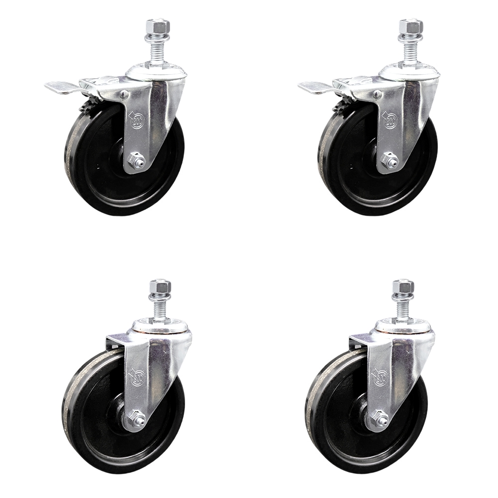 Phenolic Swivel Threaded Stem Caster Set of 4 w/5" x 1.25" Black Wheels and 1/2" Stems - Includes 2 with Total Locking Brake - 1200 lbs Total Capacity - Service Caster Brand — photo 1