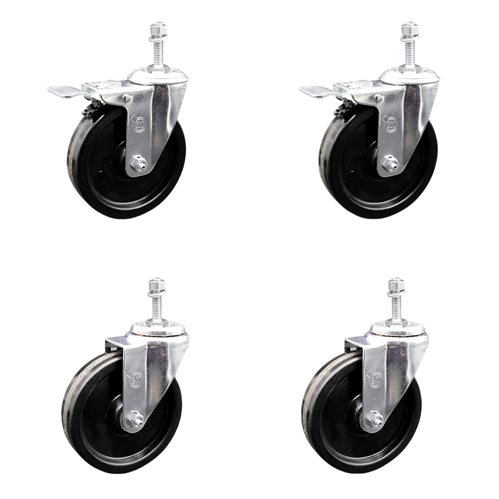 Phenolic Swivel Threaded Stem Caster Set of 4 w/5" x 1.25" Black Wheels and 3/8" Stems - Includes 2 with Total Locking Brake - 1200 lbs Total Capacity - Service Caster Brand — photo 1